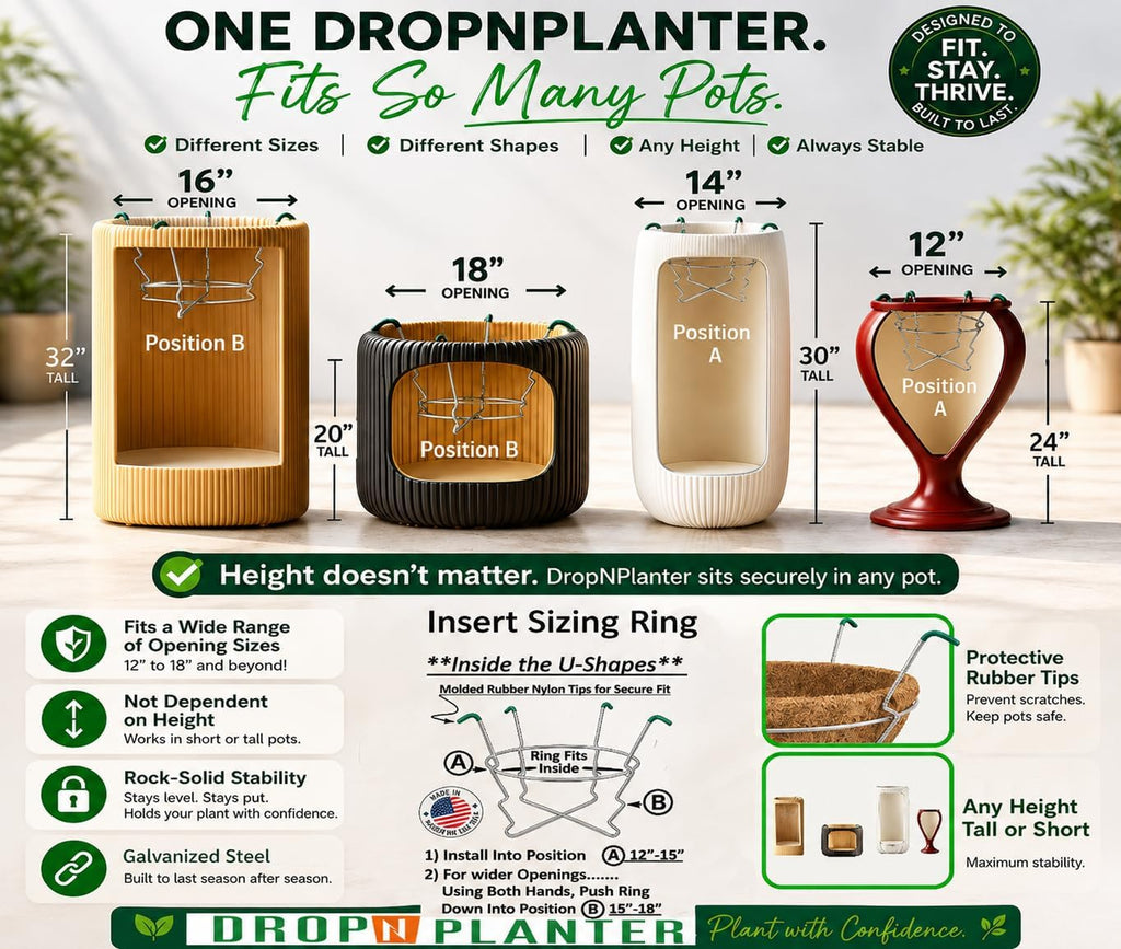 The DropNPlanter/Premium Adjustable Patented Design-Rubber Tips-Stable Fit in The TOP/Flower Pot Openings from 12-18