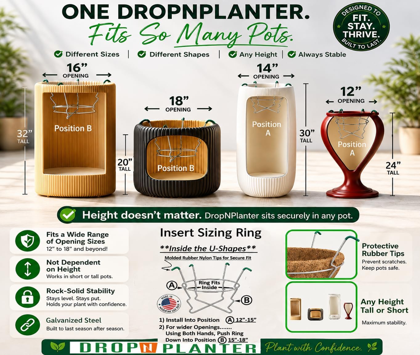 The DropNPlanter/Premium Adjustable Patented Design-Rubber Tips-Stable Fit in The TOP/Flower Pot Openings from 12-18