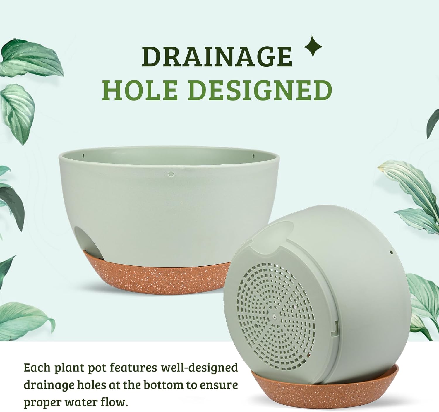 Vanslogreen Plant Pots 12inch Self Watering Pots, Set of 2 Plastic Planters with Drainage Holes and Saucers, Flower