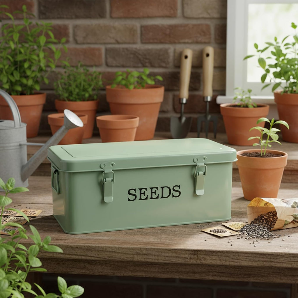 Seed Storage Organizer, 4 Compartment Metal Seed Saving Box with Lid and Safety Locks,Seeds Packet Container with 1