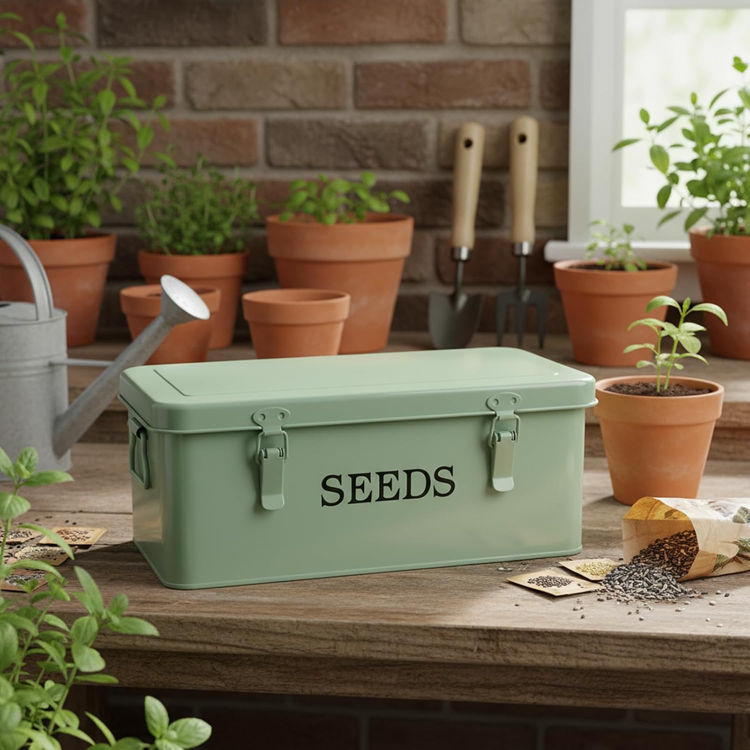 Seed Storage Organizer, 4 Compartment Metal Seed Saving Box with Lid and Safety Locks,Seeds Packet Container with 1