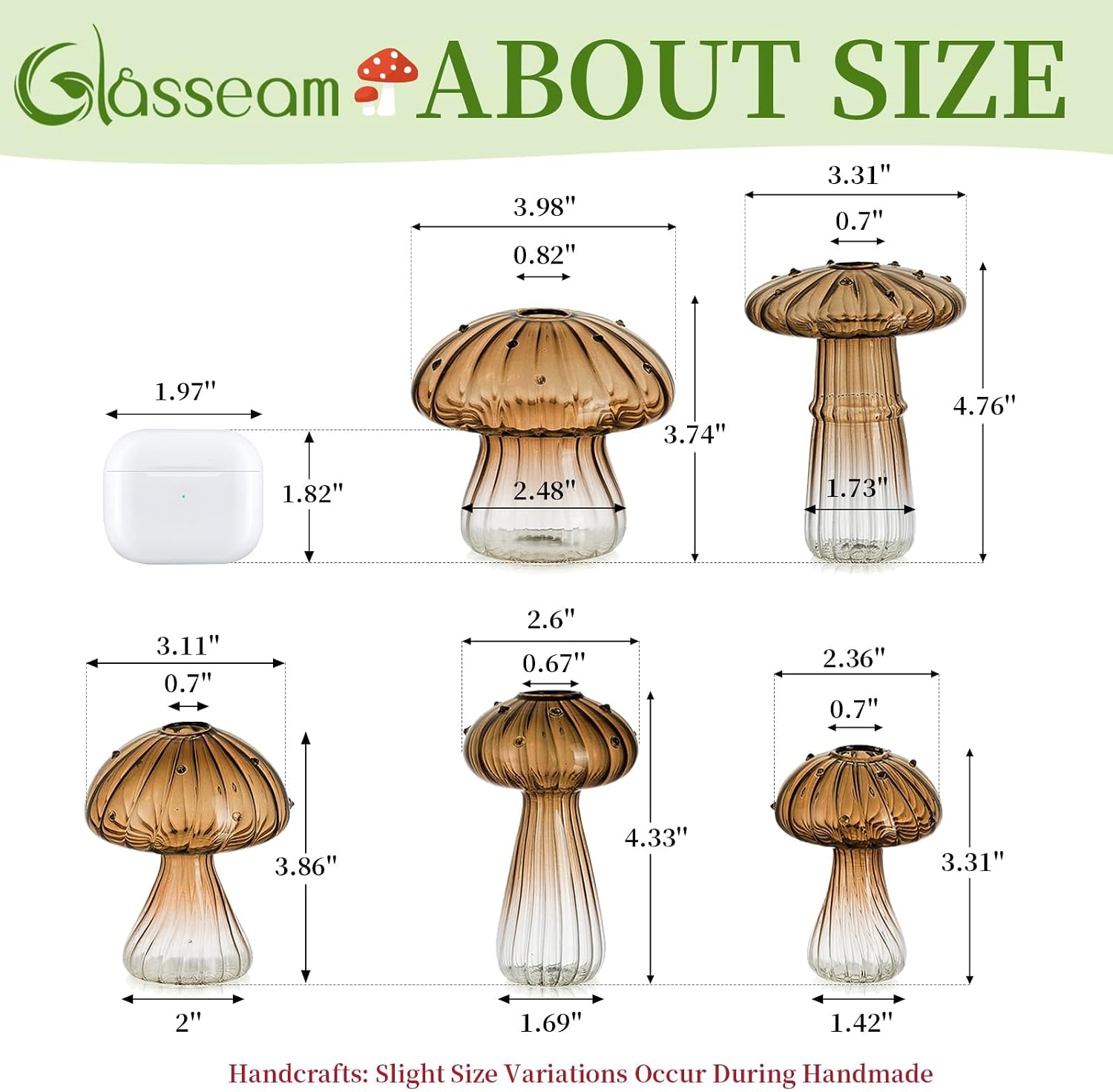 Glasseam Mushroom Glass Propagation Station, 5Pcs Amber Plant Terrarium Jar | Handmade Small Hydroponic Planters