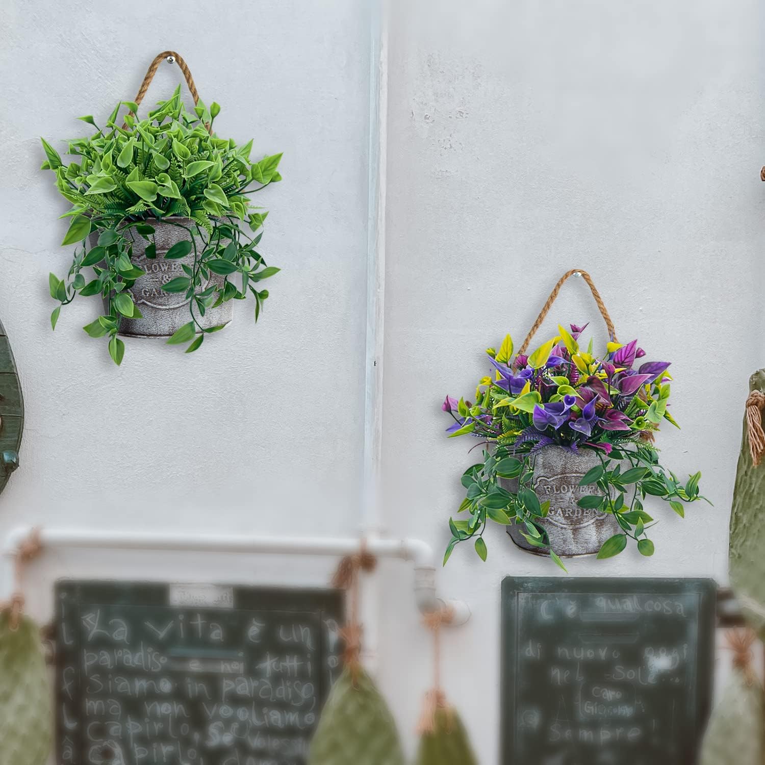 XONOR 4Pcs Galvanized Metal Hanging Wall Planter, Rustic Wall Flower Vase for Succulents Herbs Country Home Farmhouse