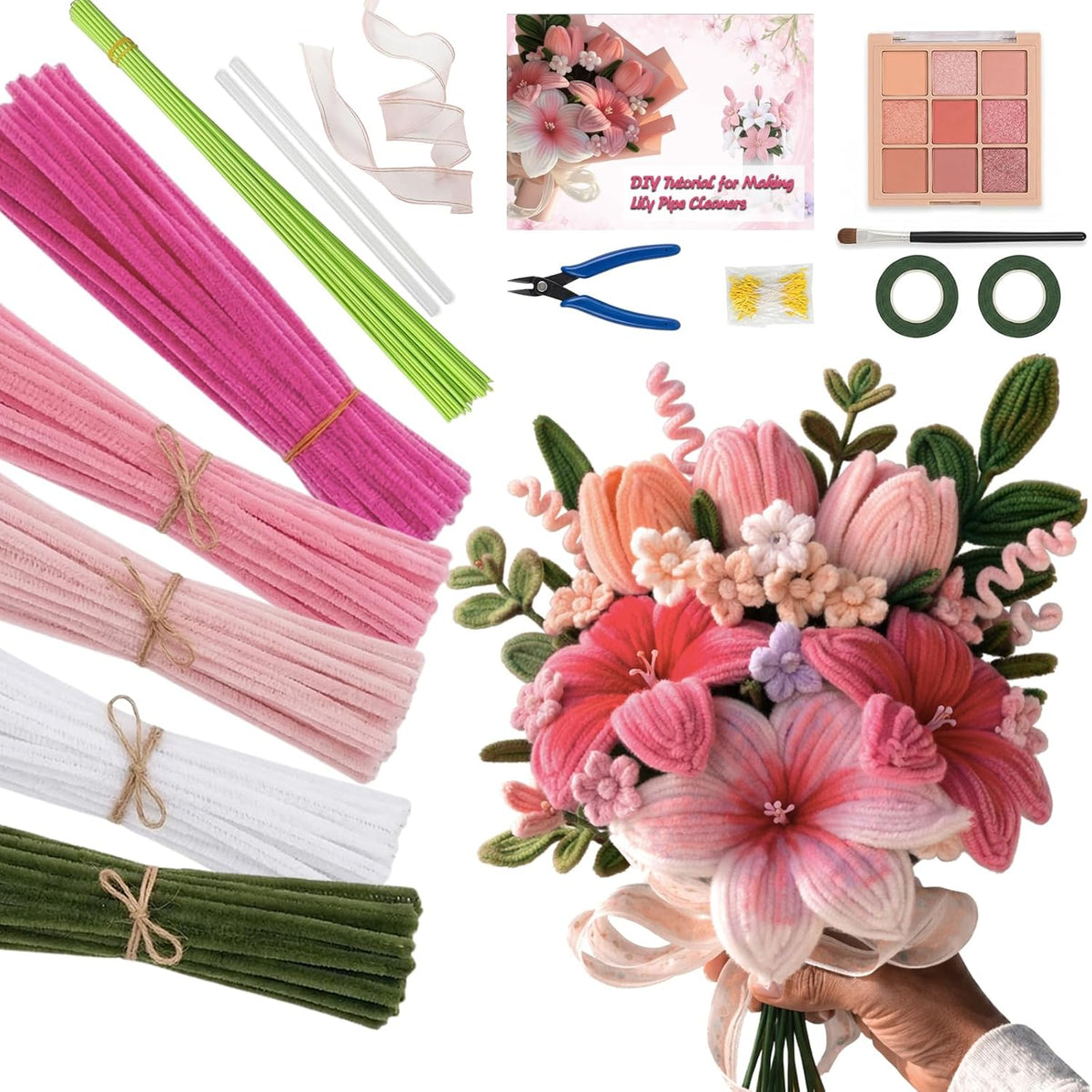 Eywwuu 540 Pcs Pipe Cleaner Flower Kit, DIY Flower Bouquet Making Kit with 5 Pastel Chenille Stem Colors, 30 Floral Stems, Tape, Stamen, Glue Sticks, Pliers and Brush for Rose Tulip Lily Crafts