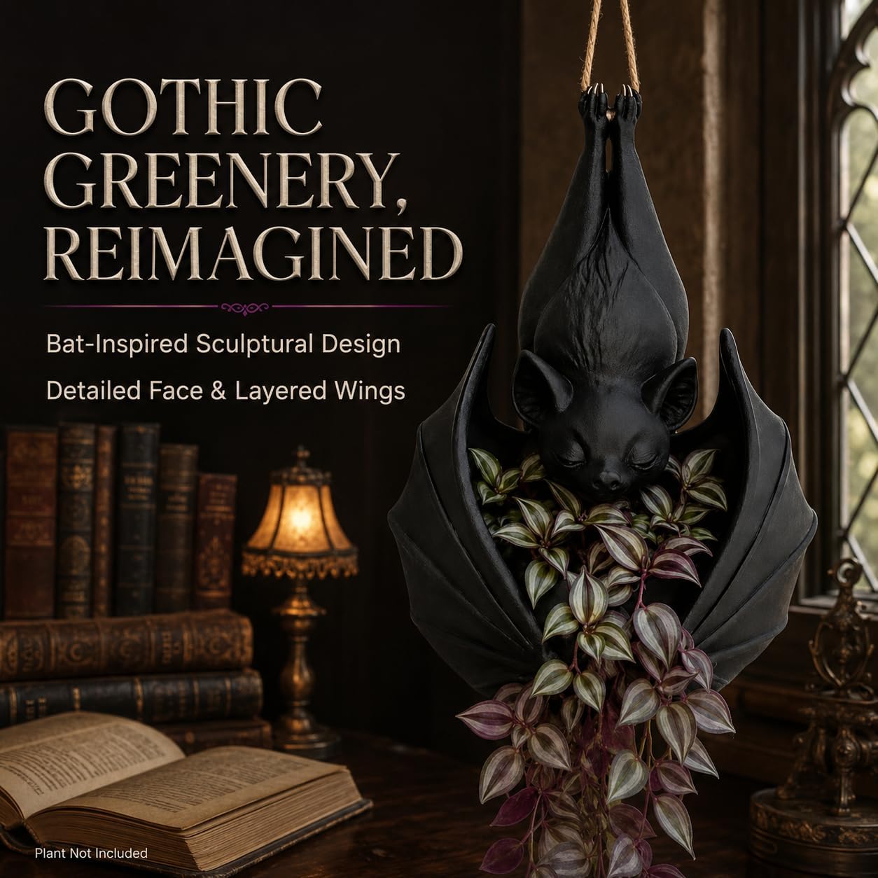 Hanging Bat Plant Pot, Gothic Planter for Succulents and Vines (2pcs) | Gothic bat-shaped resin planter for succulents