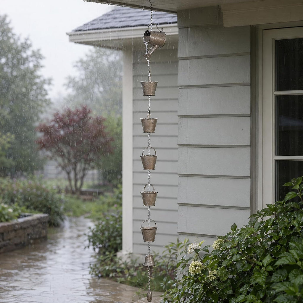 Jemeni 5 Ft Copper Patina Rain Chain, Downspout Replacement | Rain Chain for Gutter with Watering Can Design, Paired