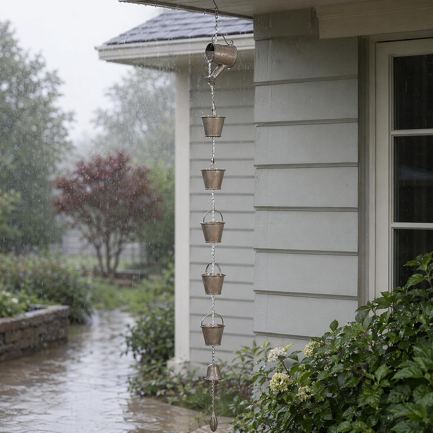 Jemeni 5 Ft Copper Patina Rain Chain, Downspout Replacement | Rain Chain for Gutter with Watering Can Design, Paired