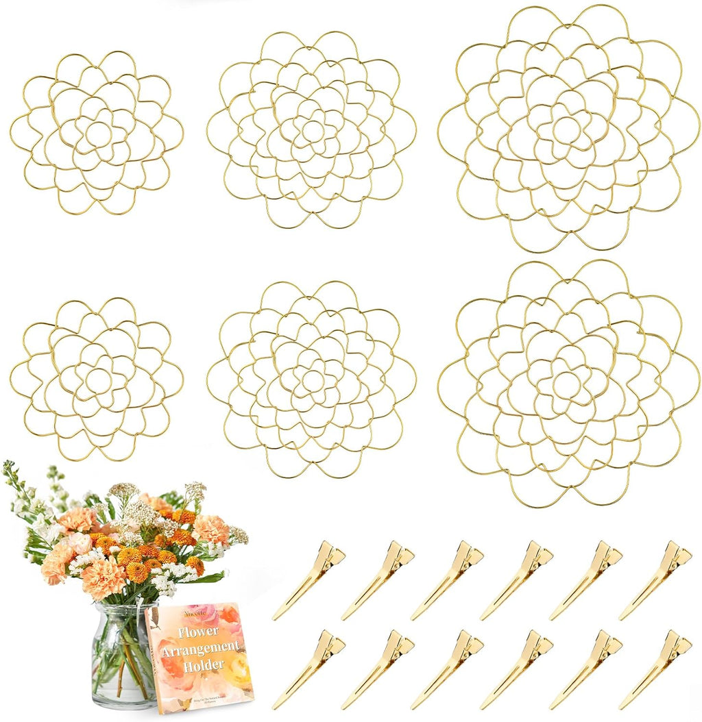 Flower Arranger Holder, Floral Arrangement Holder Bouquet Twister Reusable Gold Stainless Steel Round Metal Flower Lid Supplies for Plant Fixation (6 Pieces)