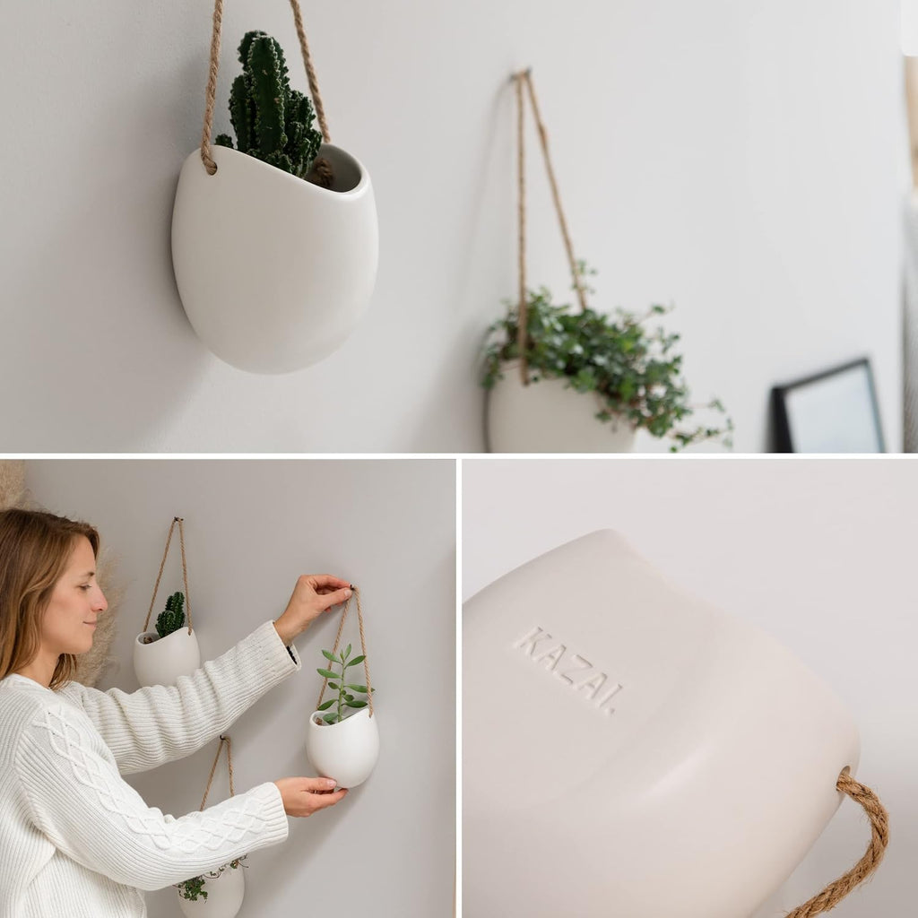 Kazai. Wall Planters -Ellie- | Hanging Ceramic Plant Pots 3 Pieces | Wall Decoration for Indoors, Balcony and Garden