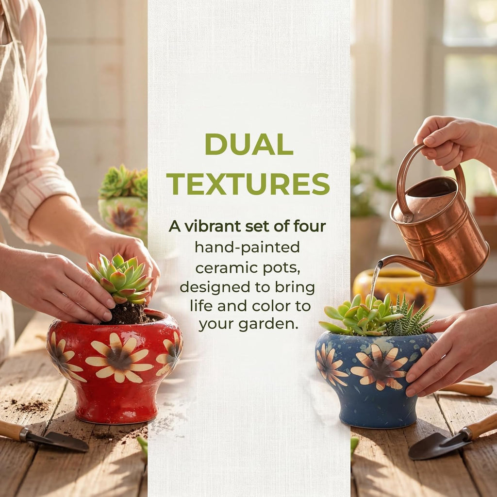 4 Inch Small Succulent Planters, Set of 4 | Hand Crafted Ceramic Plant Pots with Drainage, Colorful Decorative Flower