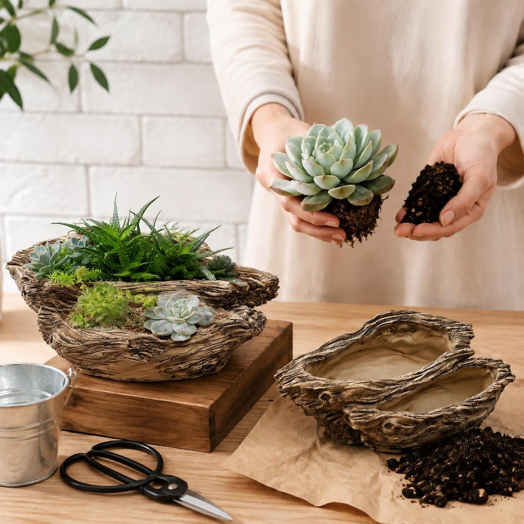 Noamus Artificial Driftwood Planter, Sculpture Resin Succulent Flower Pot, Imitation Wood Pile Porous Bonsai Tree Plant