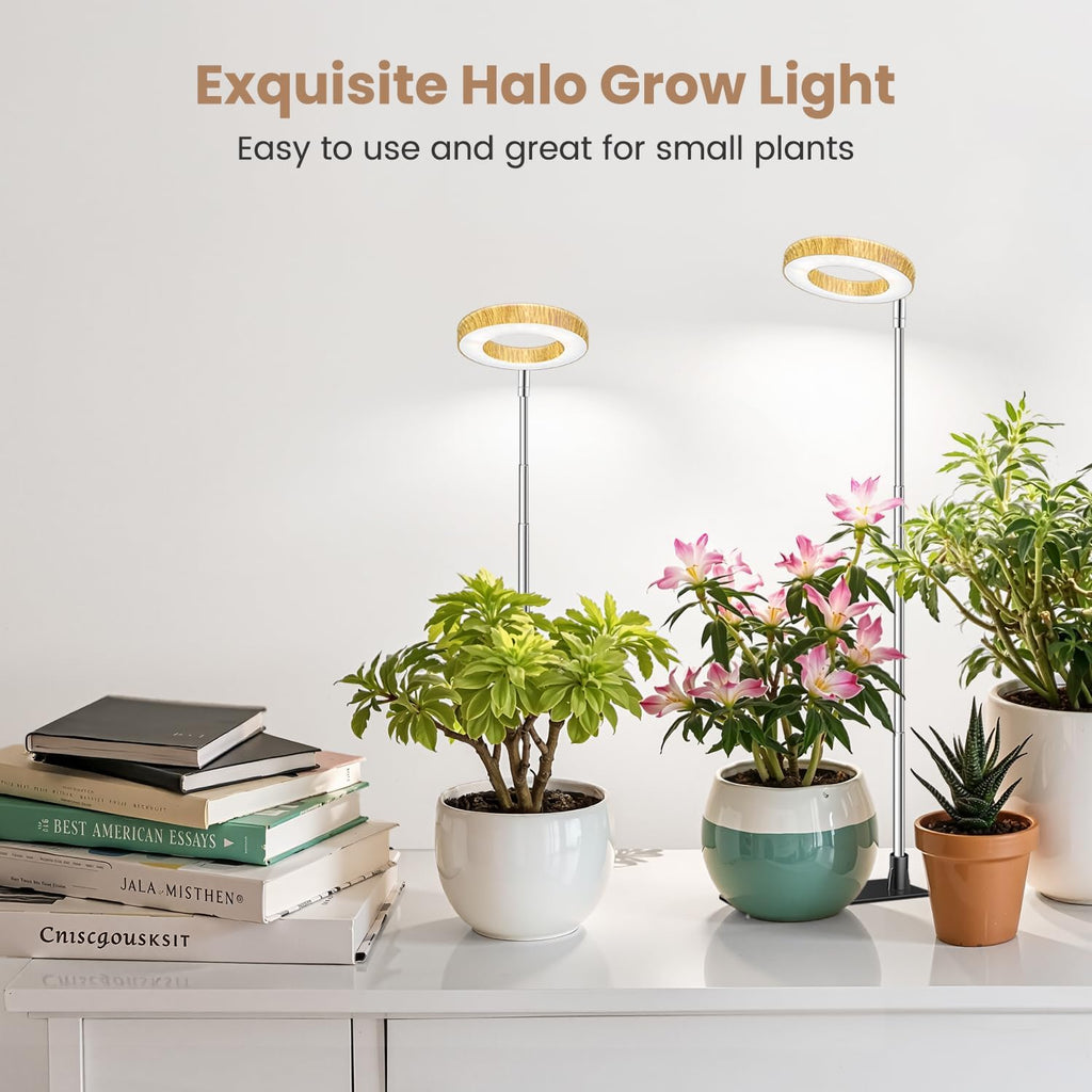 Kullsinss 3.5in Halo Plant Lights for Indoor Growing, 48 LEDs Full Spectrum | Wood Grain Grow Light with Base, 6/12/16H