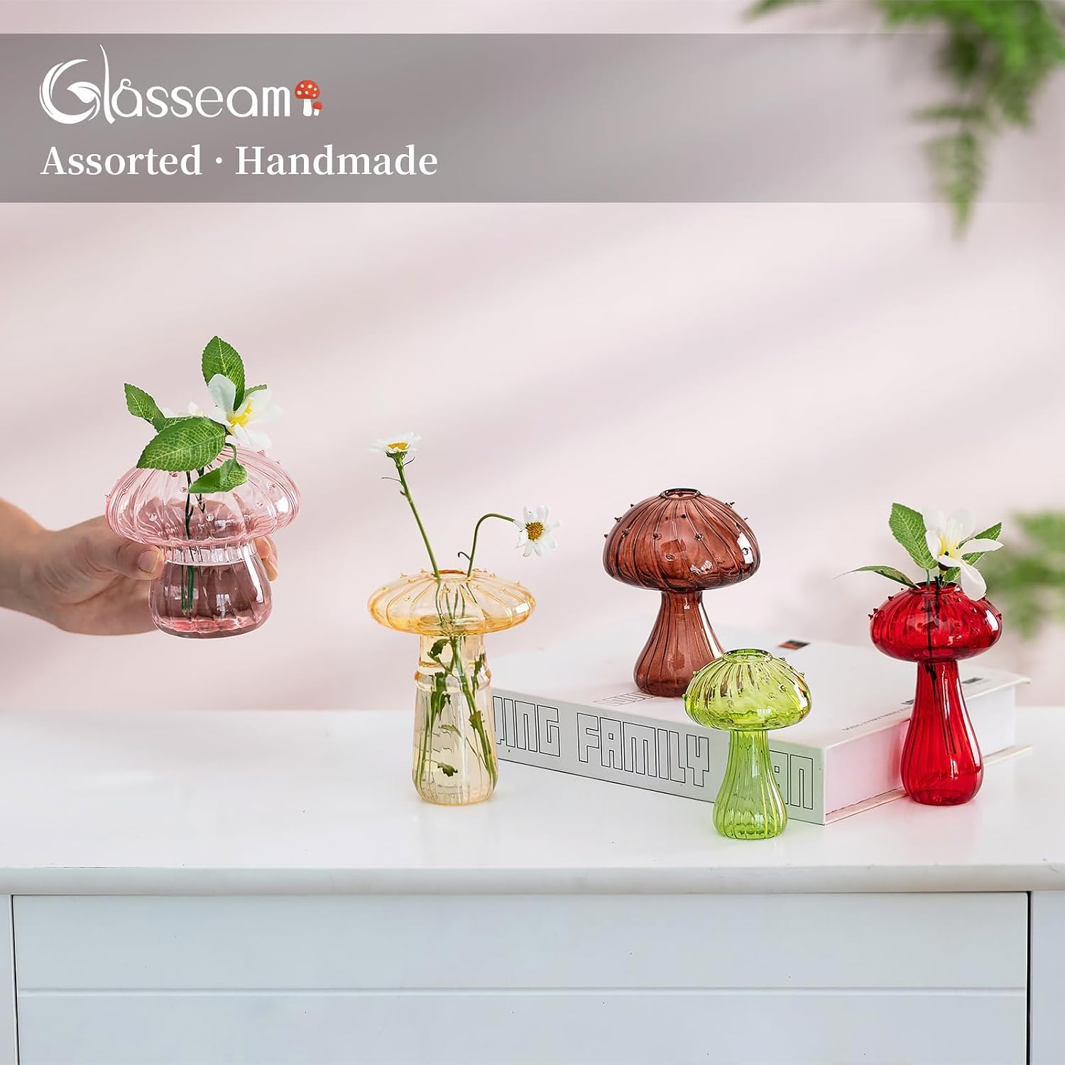 Glasseam Mushroom Plant Propagation Station: 5 Pcs Glass Mini Terrarium | Colored, Small Hydroponic Planter, Cute