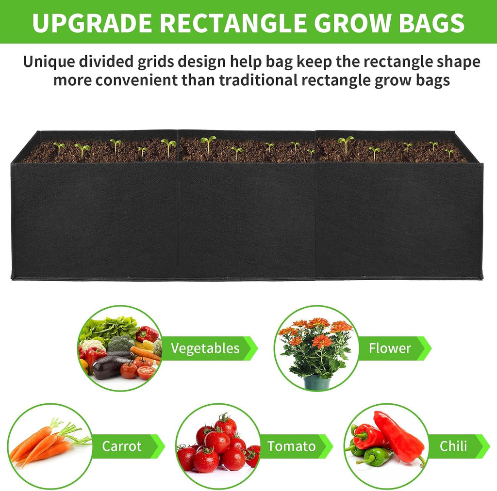 ANGELIOX 2Pcs Grow Bags, 3-Grids Rectangle Grow Bag,14 Gallon Thickened 400G Fabric Garden Bed, Nonwoven Square Flower