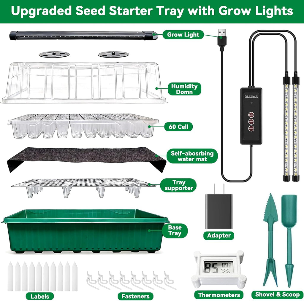 Seed Starter Tray with Grow Light,60-Cell Seedling Starter Kit with 4.07'' Humidity Dome,Plant Germination Trays for