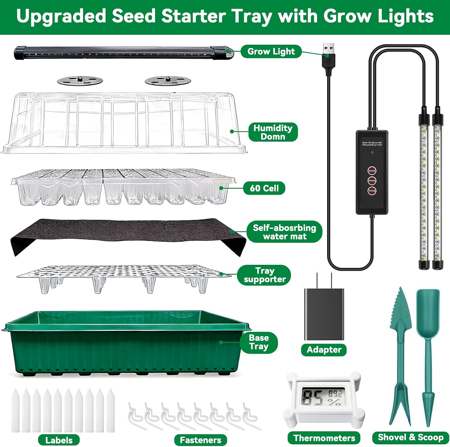 Seed Starter Tray with Grow Light,60-Cell Seedling Starter Kit with 4.07'' Humidity Dome,Plant Germination Trays for