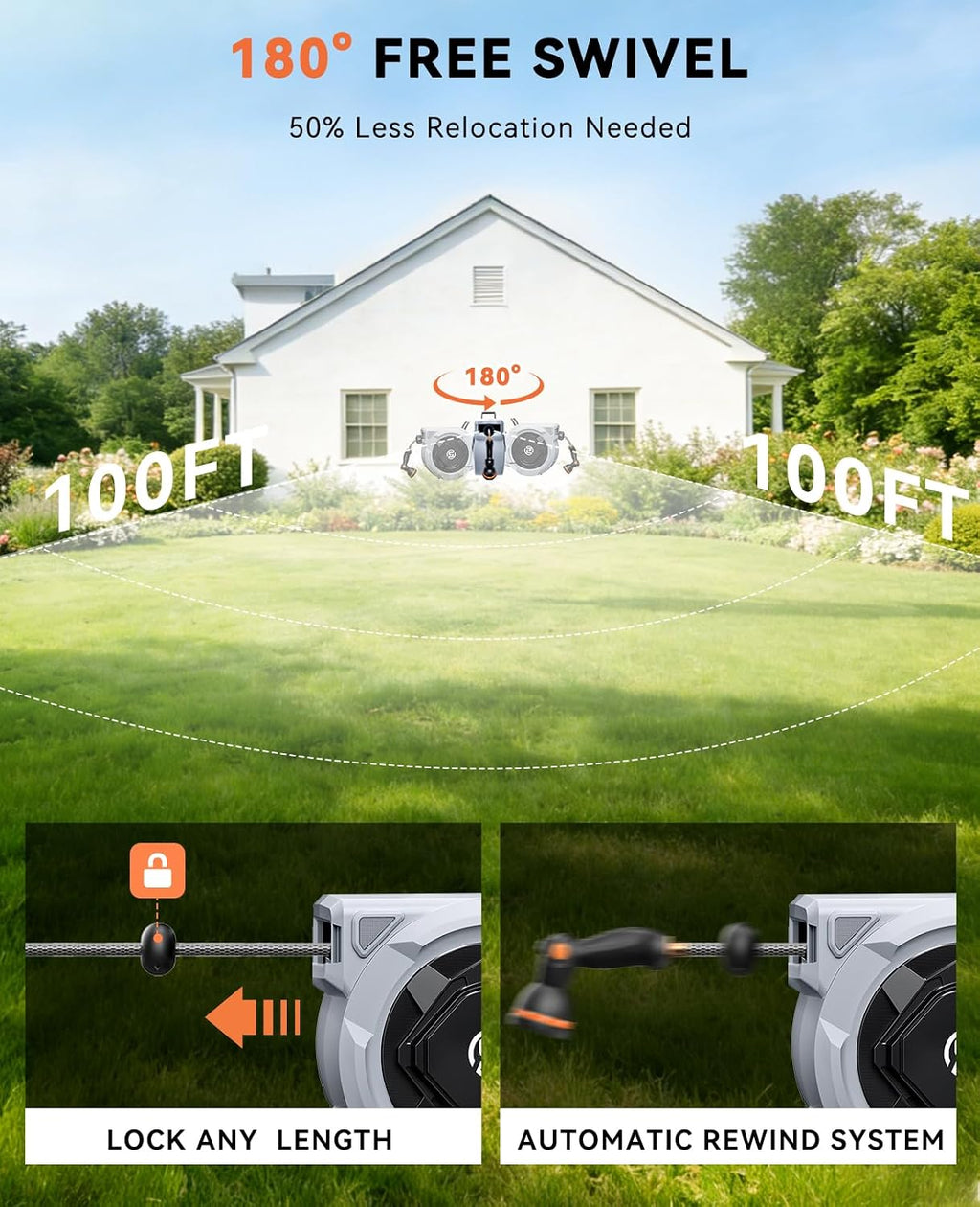 SUNPOW Retractable Garden Hose Reel - 1/2" x 100ft Wall Mounted Hose Reel with 3/4'' Brass Fitting & 10-Pattern Nozzle