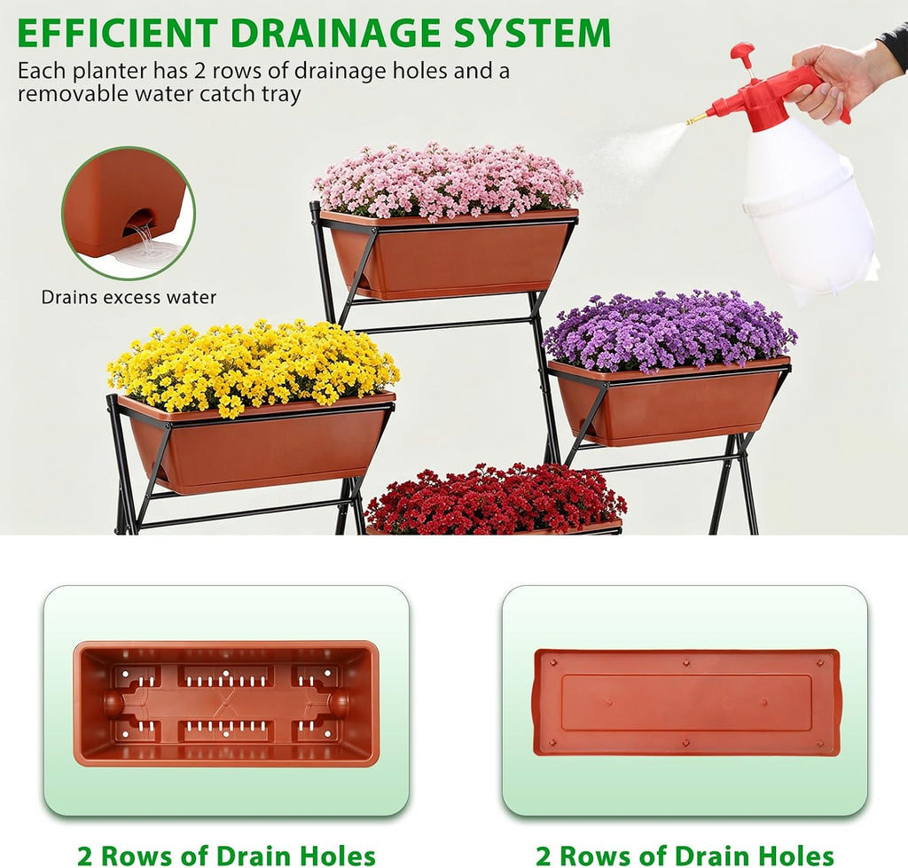 Raised Garden Bed Tiered Vertical Standing Planter Box Outdoor, Red | Metal, 7 Individual Planter Boxes, for