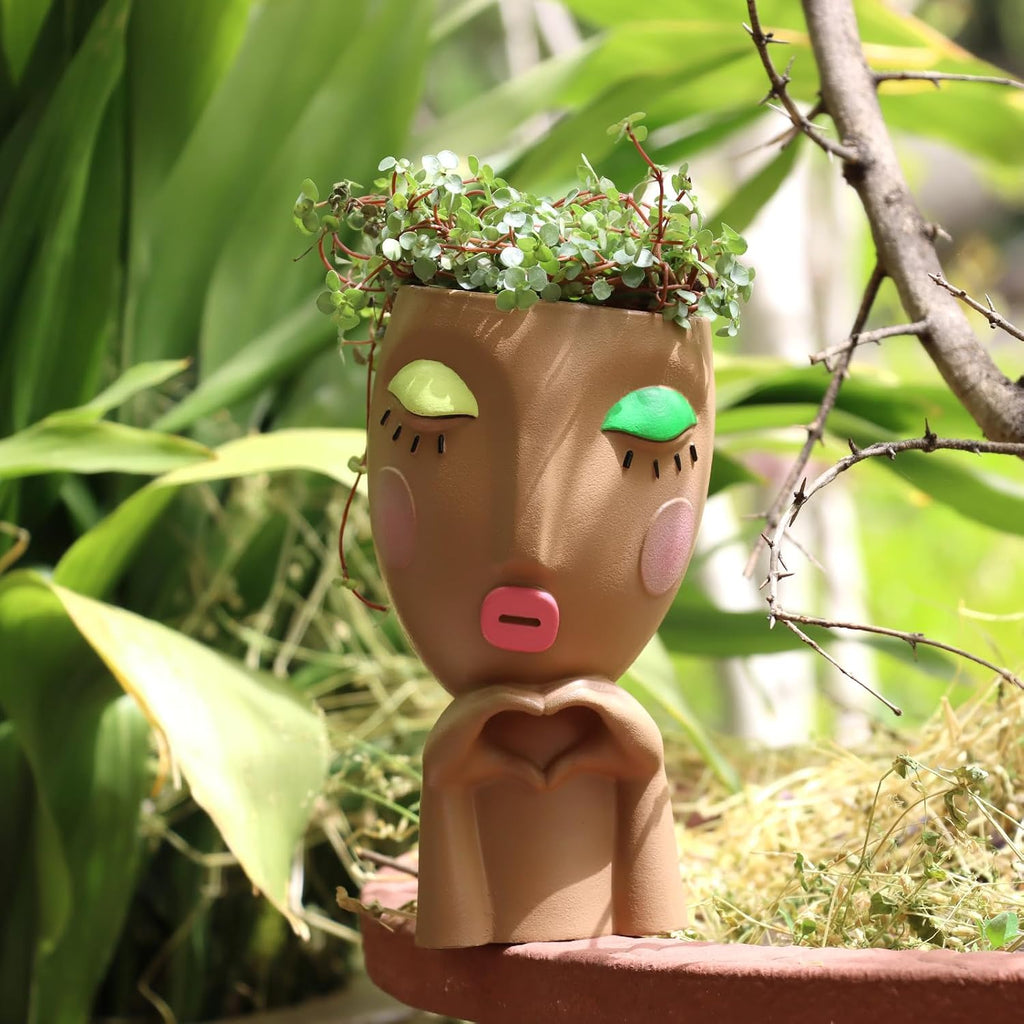 Cute Face Planter Head Pot for Indoor Plants, Unique Succulent Planter with Drainage, Decorative Resin Flower Pot for