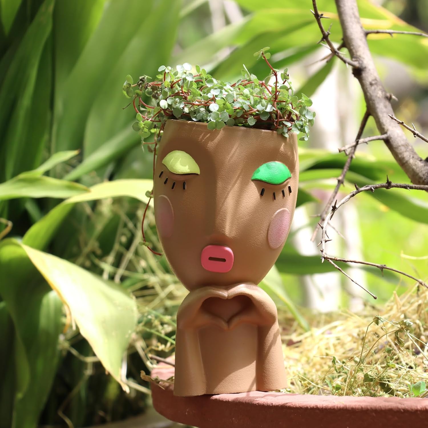 Cute Face Planter Head Pot for Indoor Plants, Unique Succulent Planter with Drainage, Decorative Resin Flower Pot for