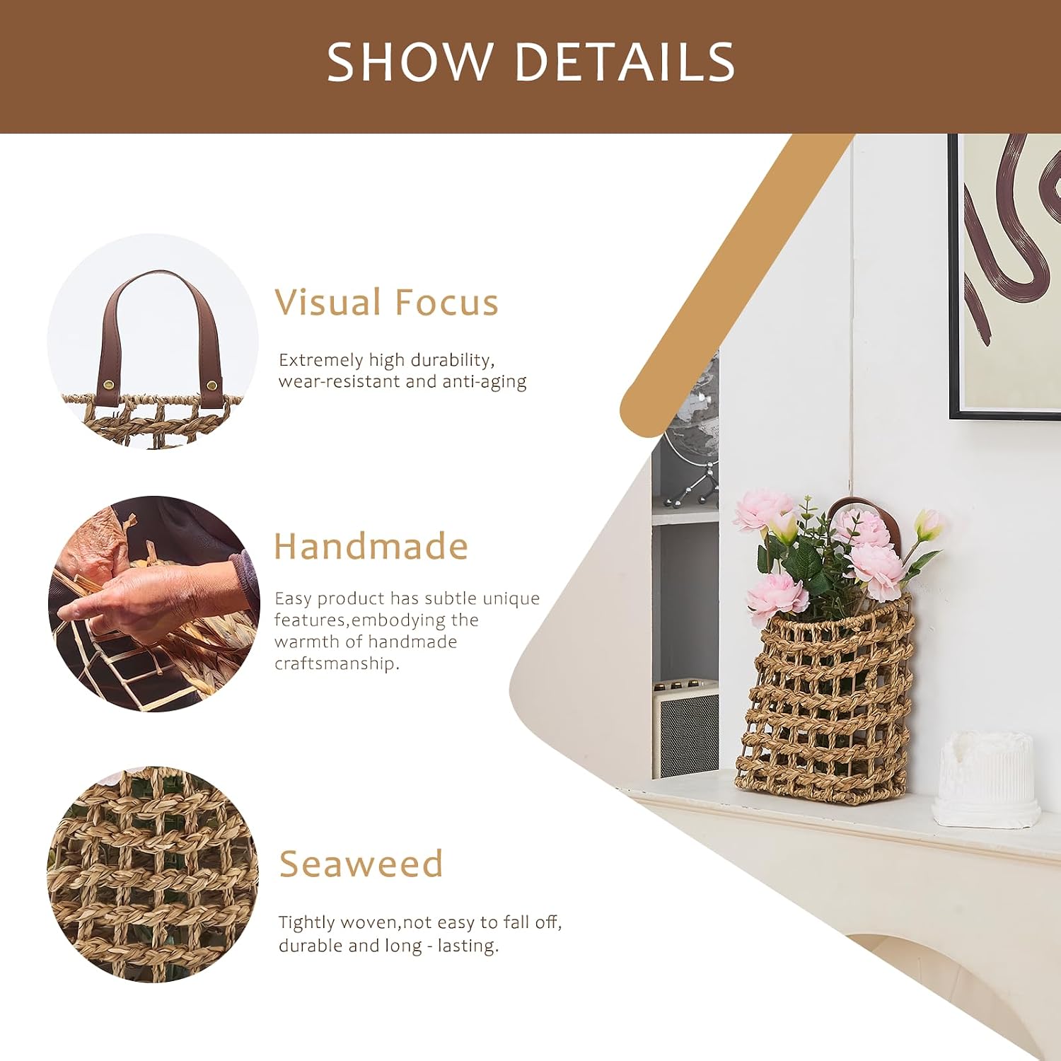 Wall Hanging Basket Decorative Boho Mounted Organizer Dried Flower Plants Front Door Basket for Garden Farmhouse Home