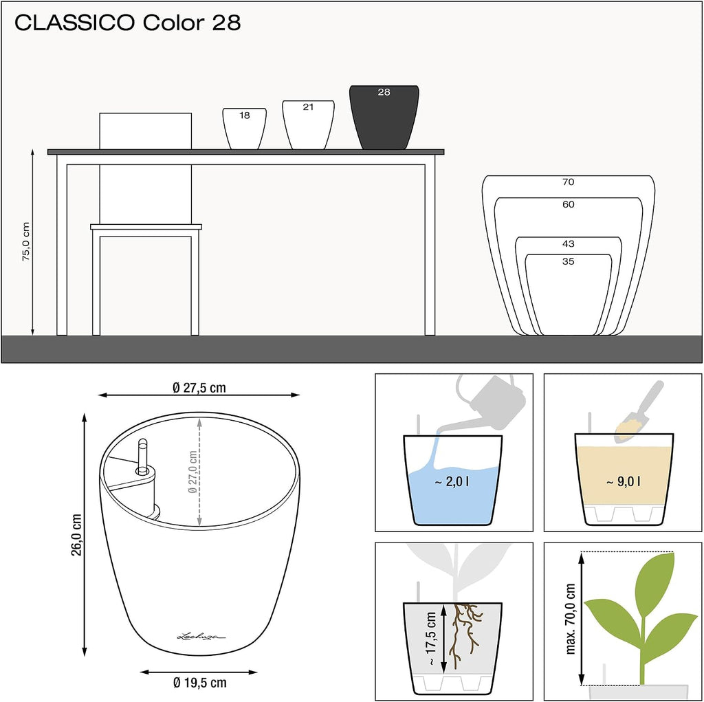 Lechuza Classico Color 28 White, Self-Watering Round Planter, D11 H10.2 in