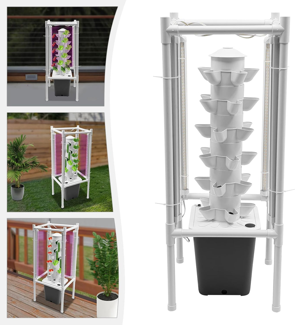 Hydroponics Tower Garden Vertical Growing System Kit, 30-Plant Indoor Gardening Planter Germination Kit with LED Grow