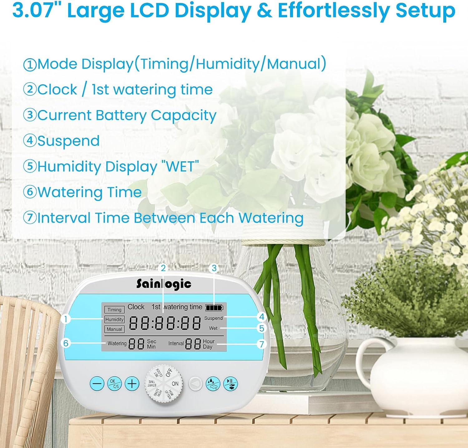 Sainlogic Automatic Plant Waterer for 15 Potted Plants, Self-Watering System with Humidity Monitor Display, Deep Root