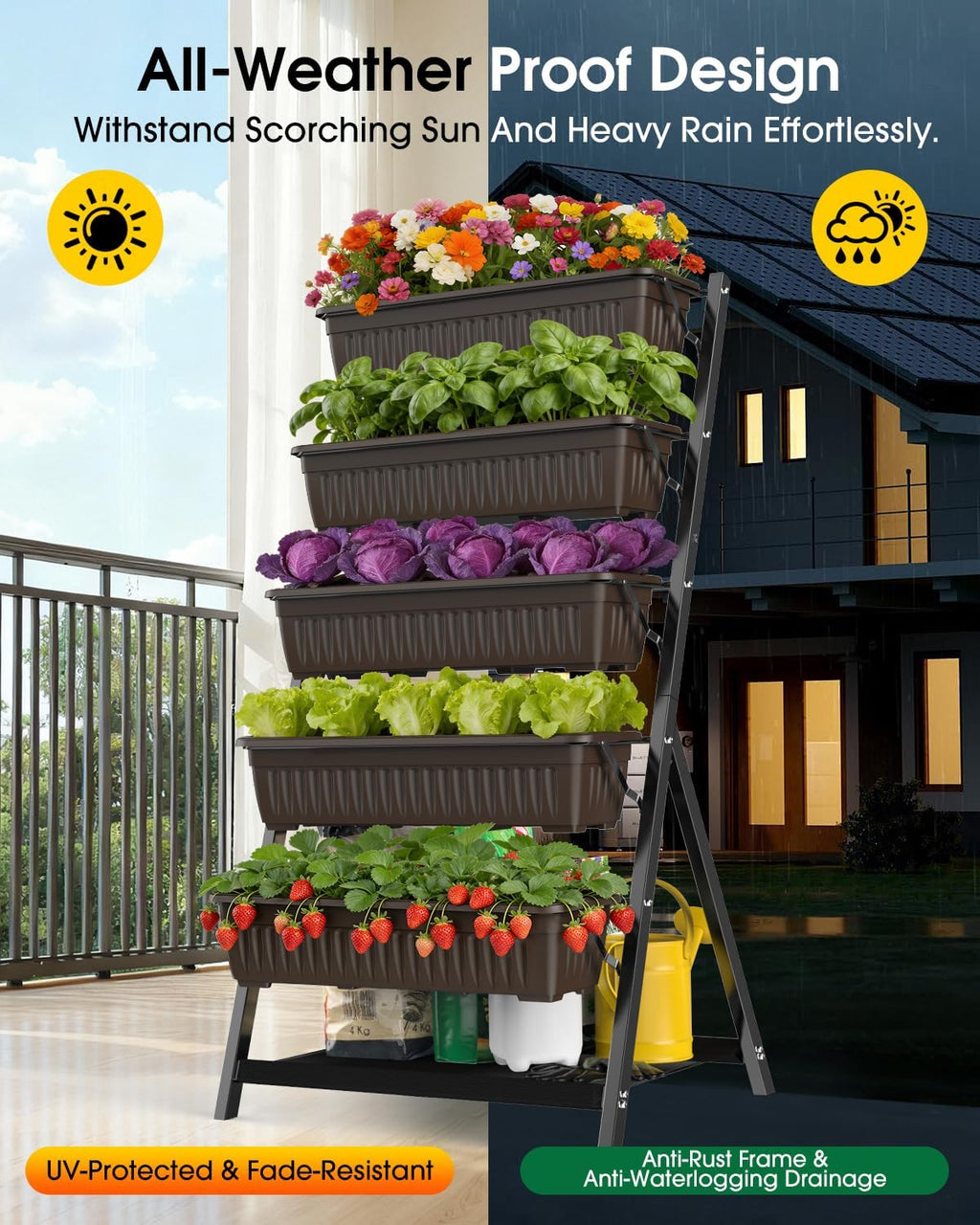 5-Tier Vertical Garden Bed Planter Boxes with Drainage System & Storage Space, Freestanding Vertical Garden Planter