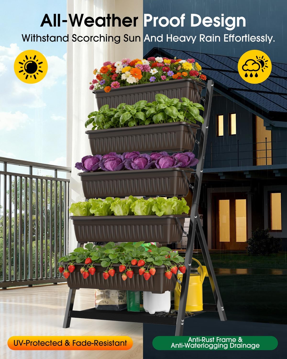 5-Tier Vertical Garden Bed Planter Boxes with Drainage System & Storage Space, Freestanding Vertical Garden Planter