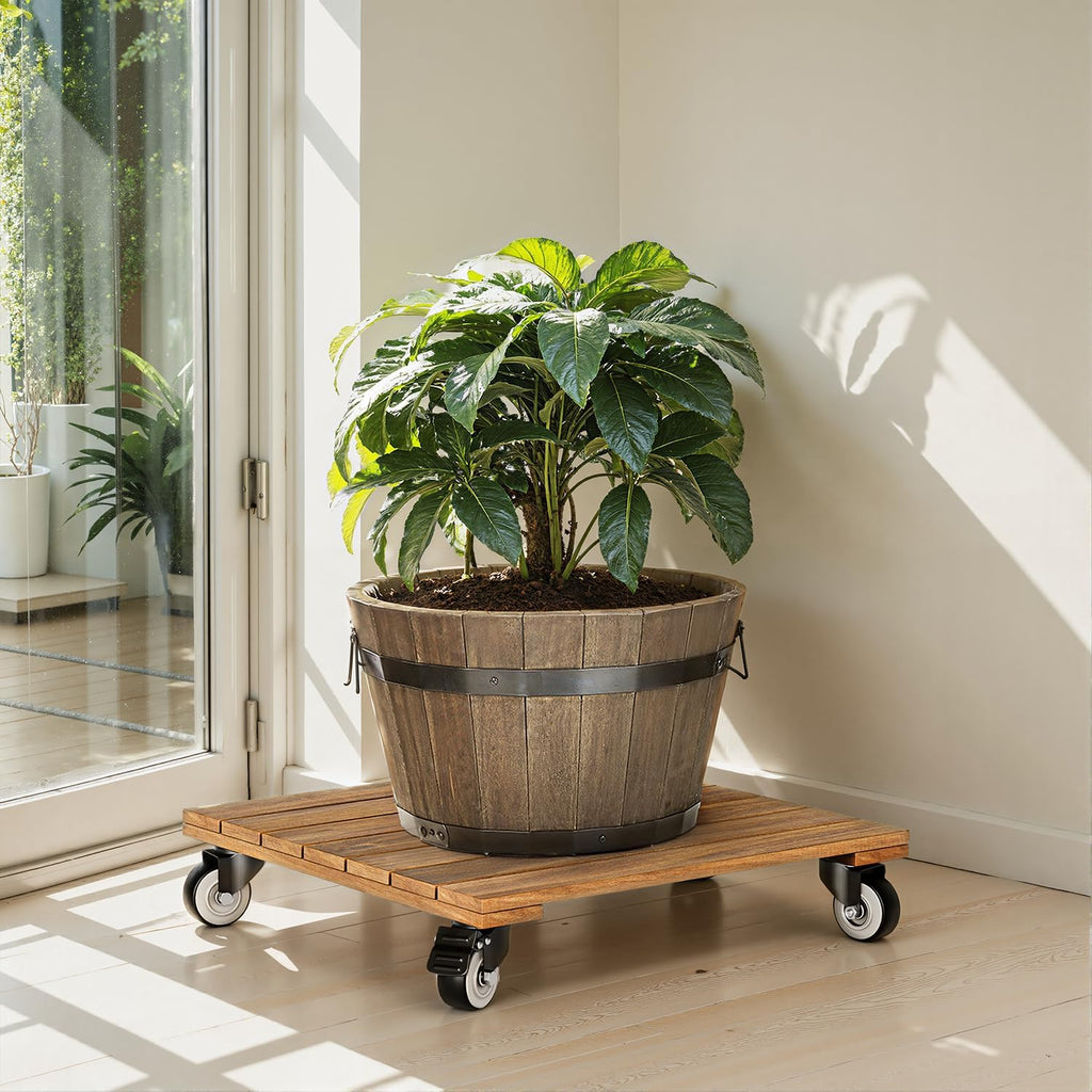 2-Pack 14 Inch Wood Plant Caddy with Wheels Heavy Duty, 264 lbs Acacia Hardwood Plant Caster Dolly Rolling Stand with