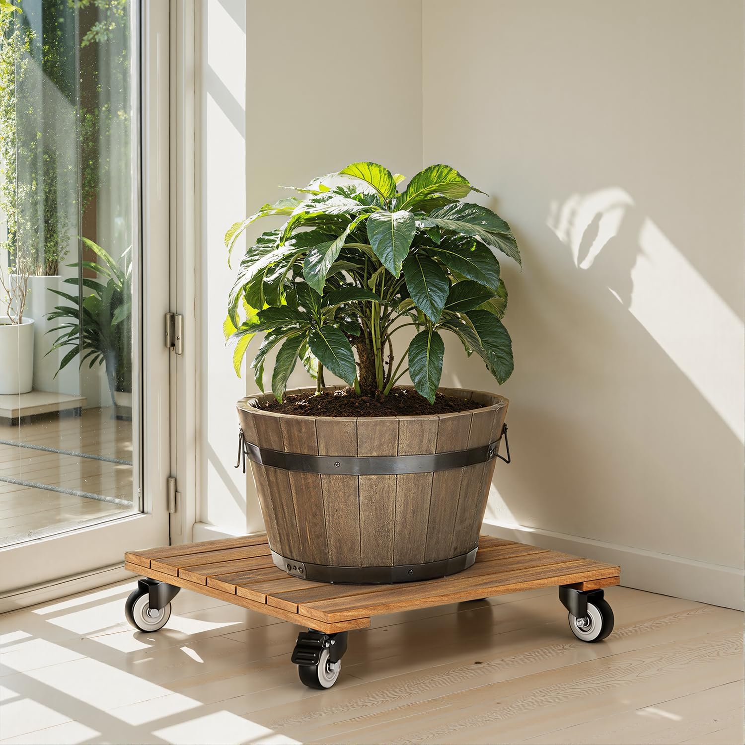 2-Pack 14 Inch Wood Plant Caddy with Wheels Heavy Duty, 264 lbs Acacia Hardwood Plant Caster Dolly Rolling Stand with