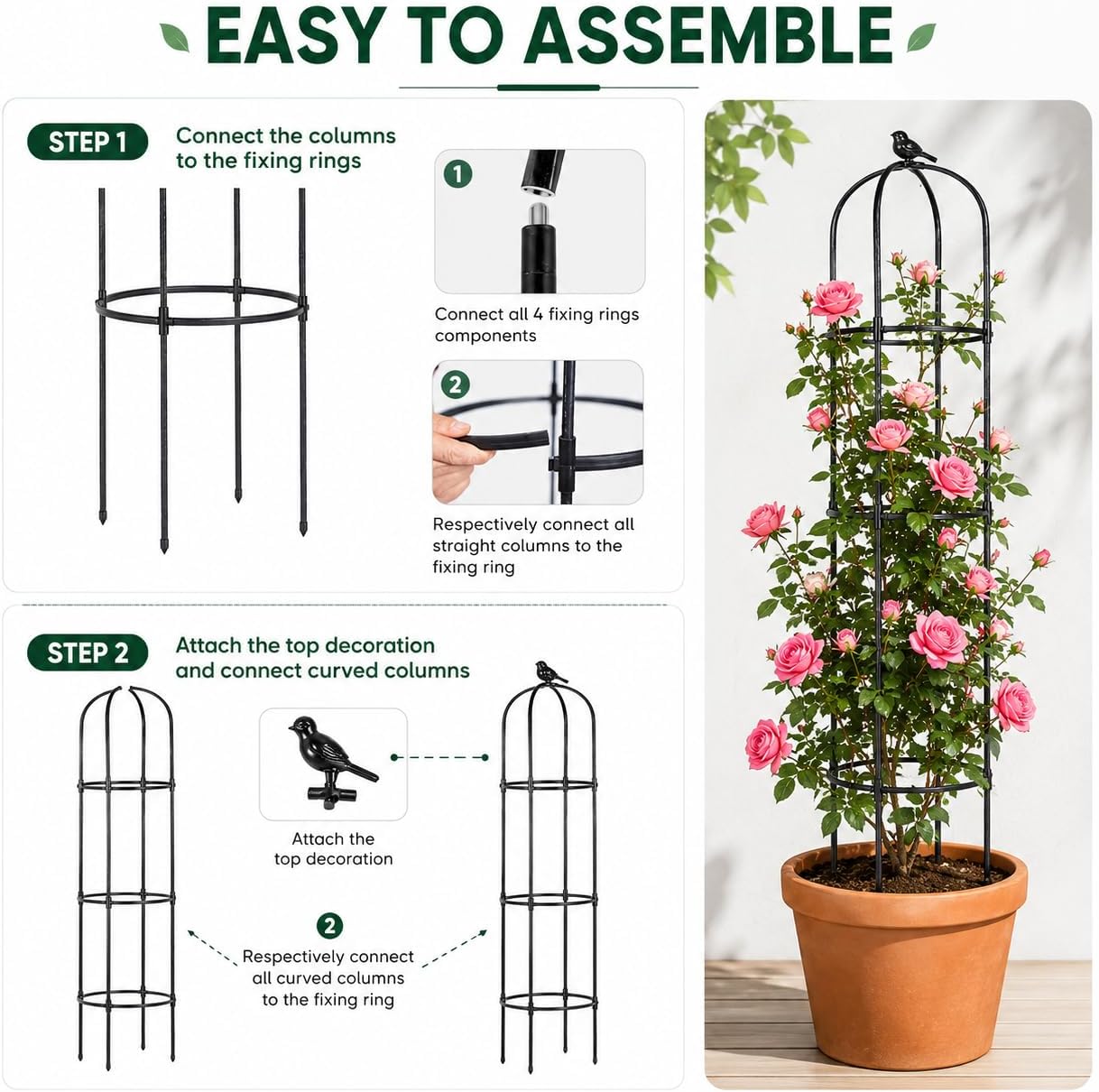 Garden Obelisk Trellis for Climbing Plants,6.3 ft, Black, 2PC | Outdoor Rose Trellis, Indoor Support for Potted Light