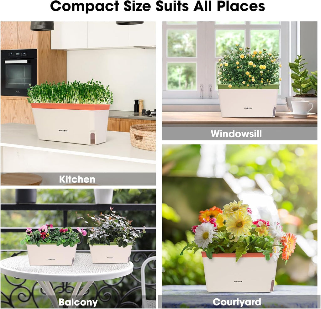 VIVOSUN Self-Watering Planters, 4-Pack 10.5 in Window Herb Planter Box | Compact Rectangular Planter Box with 10 PCS