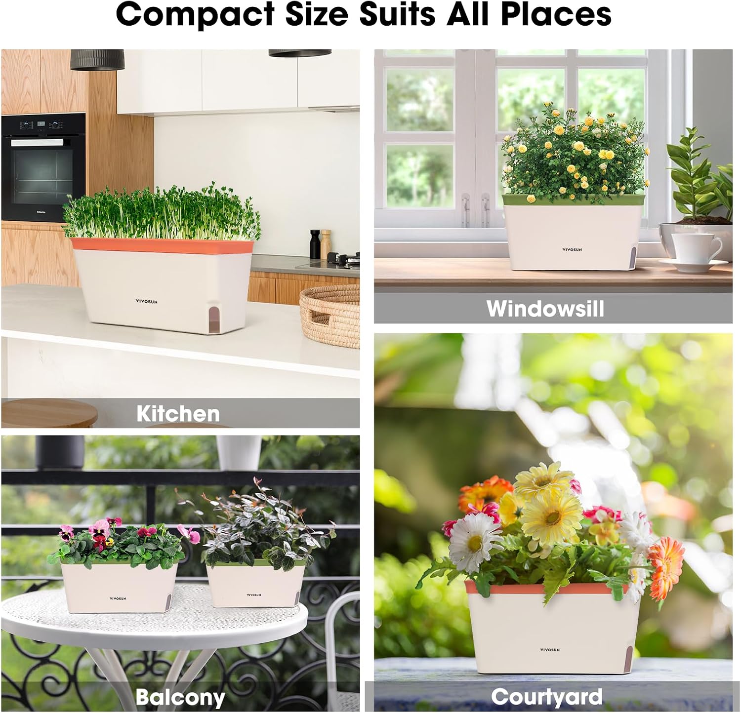 VIVOSUN Self-Watering Planters, 4-Pack 10.5 in Window Herb Planter Box | Compact Rectangular Planter Box with 10 PCS