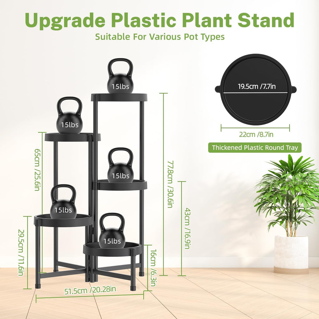 iDavosic.ly 5 Tier Folding Plant Stand Indoor Outdoor, Plastic Tray, Black | Space Saving Tiered Corner Storage Display