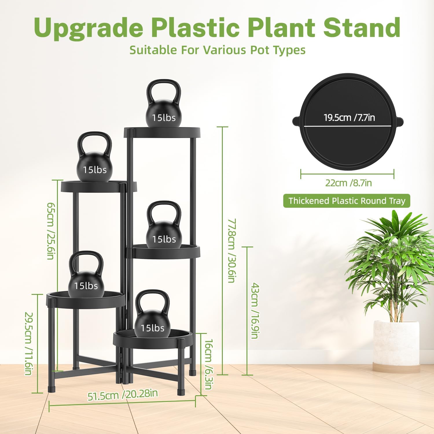 iDavosic.ly 5 Tier Folding Plant Stand Indoor Outdoor, Plastic Tray, Black | Space Saving Tiered Corner Storage Display