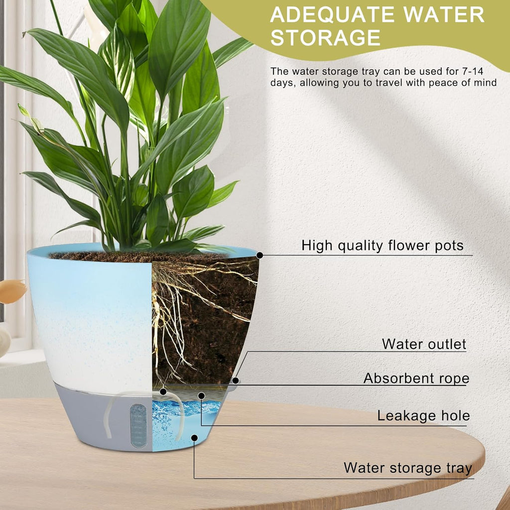 4-Piece Planter Set, 12/10/9/8-inch Self-Watering Pots with Drainage Holes, Deep Trays, Water Level Indicators