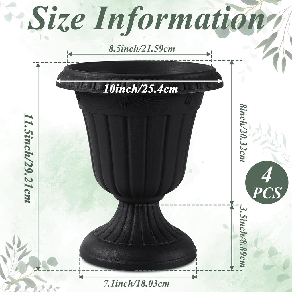 Zhehao 4 Pcs 10 x 12 Inches Black Plastic Urn Planter Classic Flower Pots Front Porch Planters Indoor Outdoor Planters