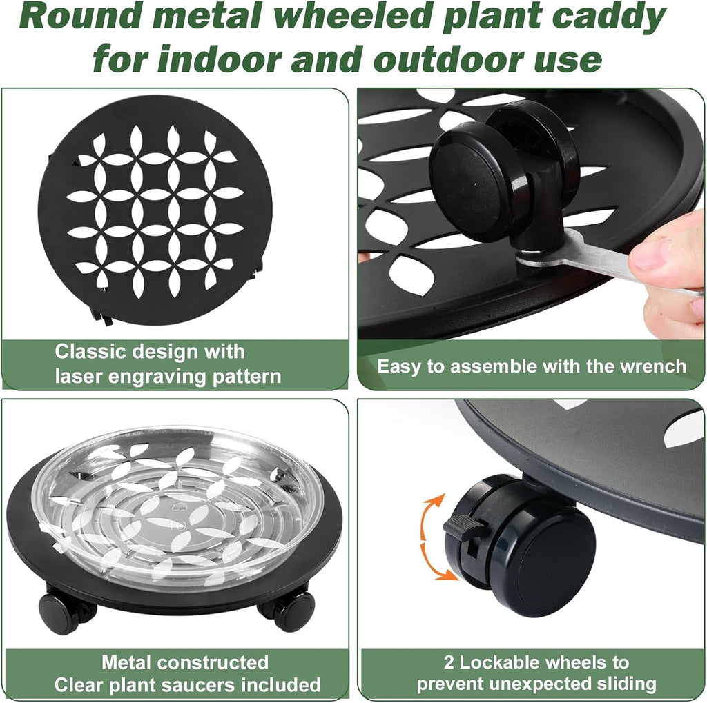 3 Packs 13.5" Large Metal Plant Caddy with Wheels Heavy-duty Plant Dolly Pot Mover Rollers Rolling Plant Stands Indoor