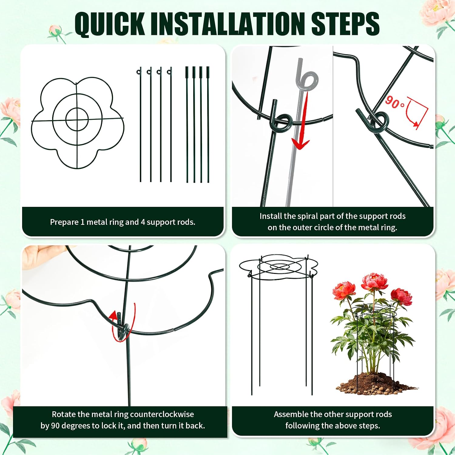 Peony Cages and Supports 4 Pack, 13" Dx24 H Grow Through Plant Supports, Heavy Duty Metal Plant Support Cage for