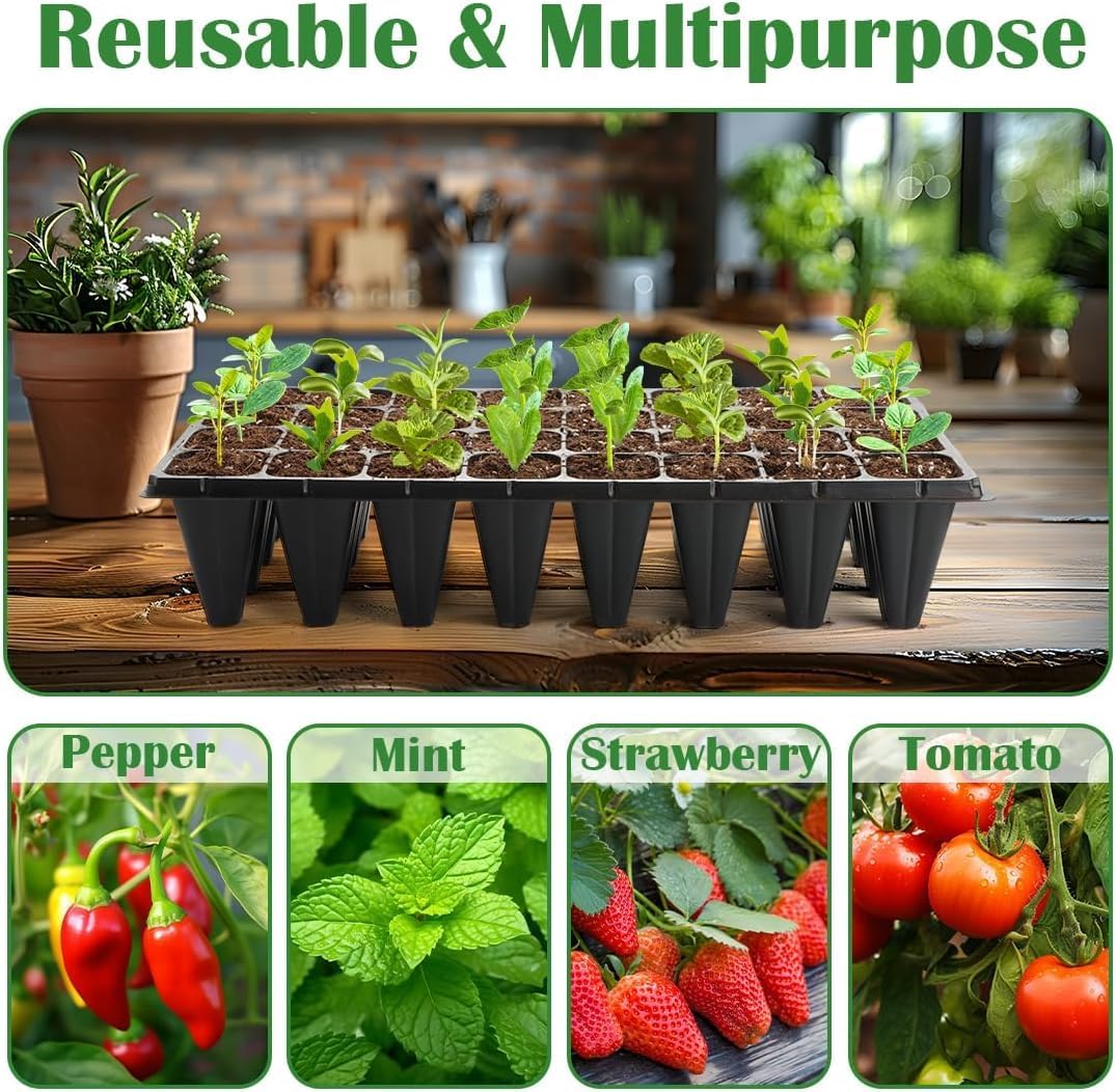 RooTrimmer 10 Pack 1020 Trays No Holes and 10 Pack 4.3" Deep 32 Cell Seed Starter Trays, 20" x 10" - Heavy Duty Plastic