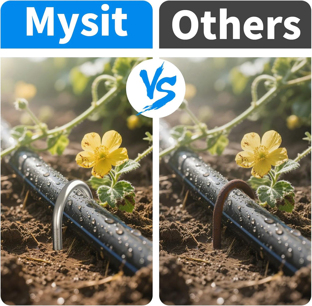 MySit 6 Inch 100 Pack U Shaped Galvanized Drip Irrigation Stakes 11 Gauge | Heavy Duty Landscape Staples Garden Stakes