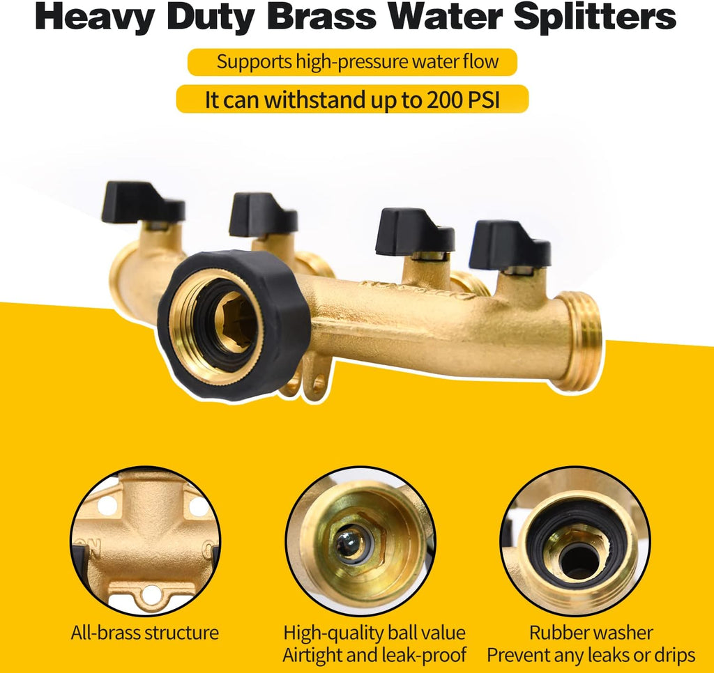 2 Pack 4 Way Hose Splitter, with Rubber Washers & Tapes | for 3/4" Hose Connector, Brass Garden Hose Manifold