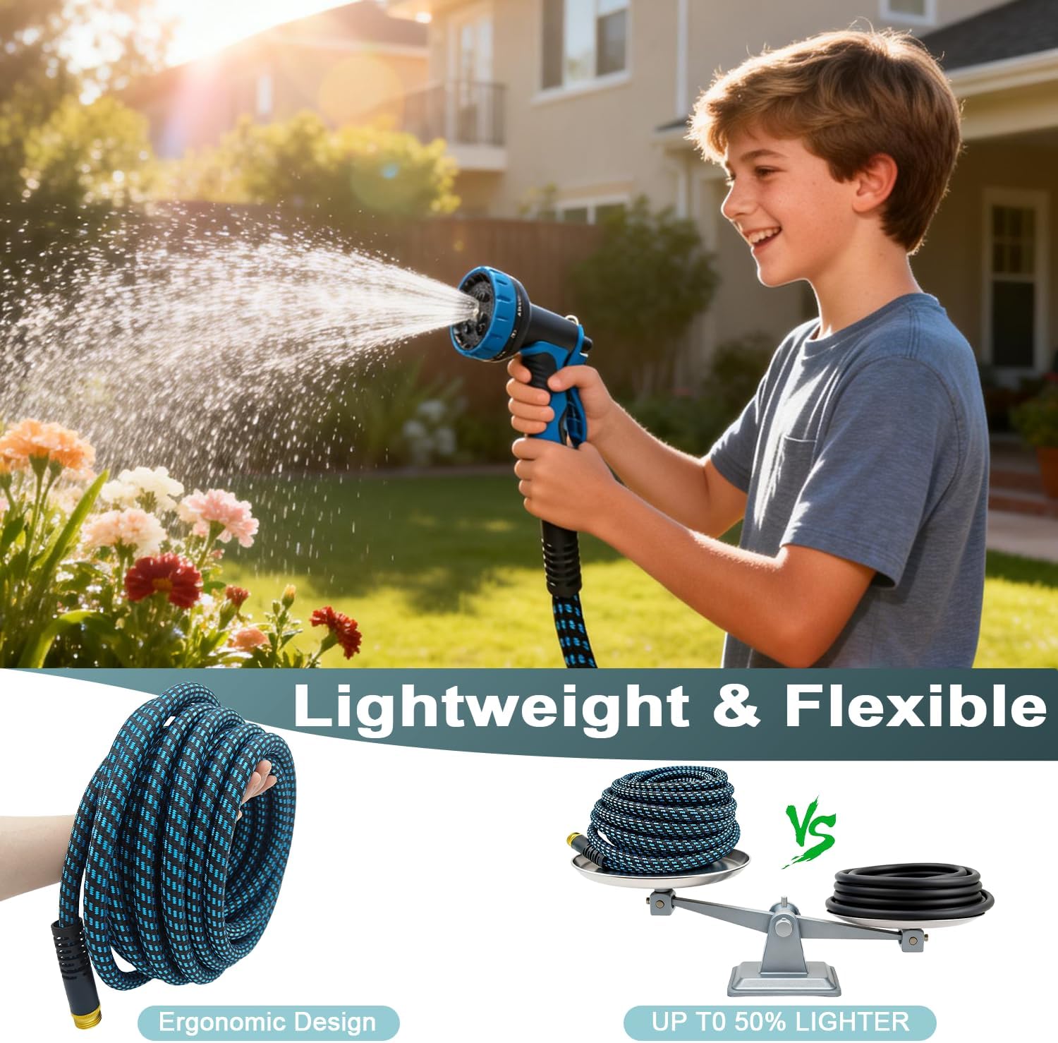 Garden Hose 50ft, Non-Expanding Water Hose Ultra Lightweight, Kink-Free Flexible Hose with 10-Pattern Nozzle, Durable &