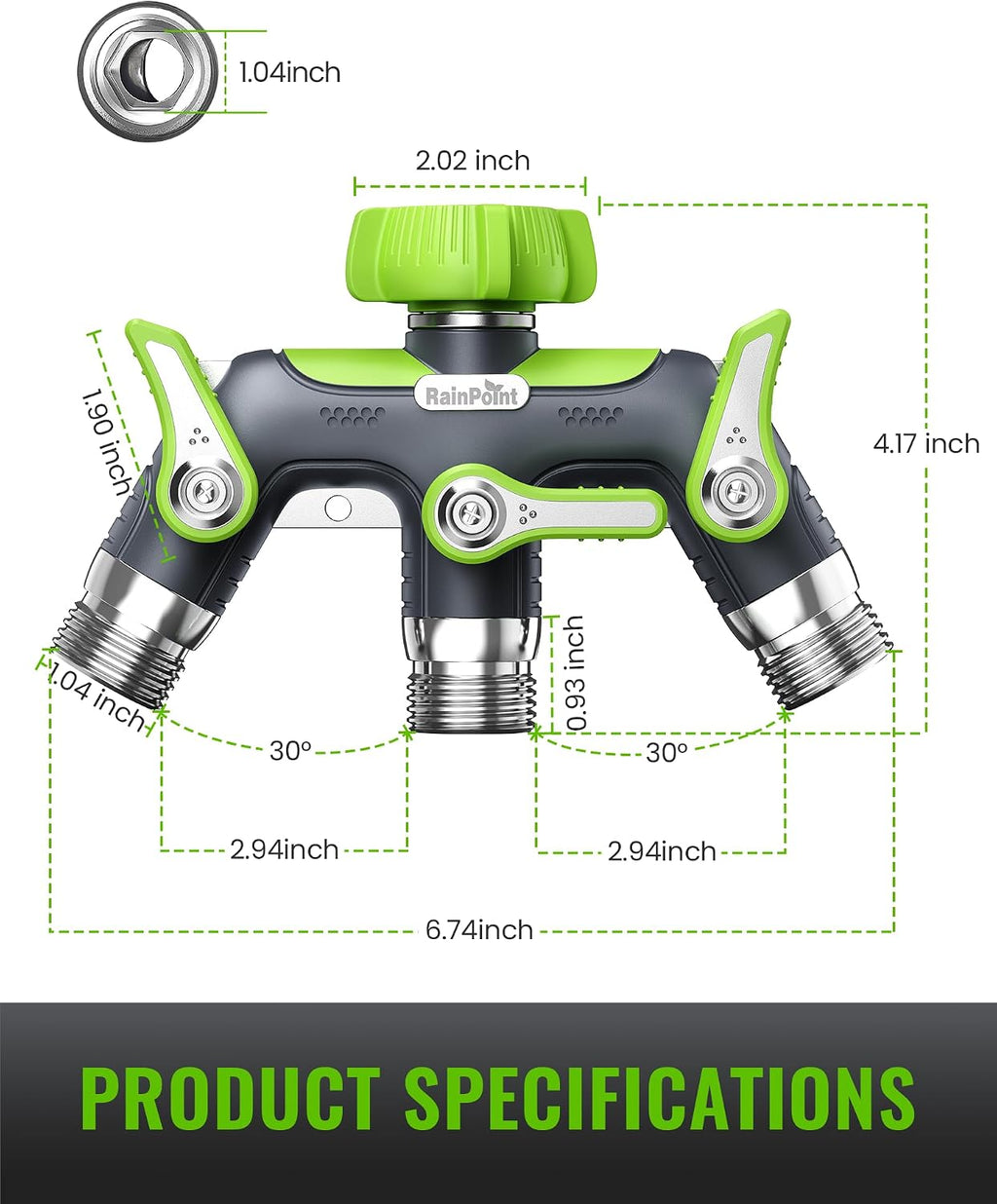 RAINPOINT 3 Way Hose Splitter, 100% Metal Heavy Duty Garden Hose Splitter With 1.9" Extra Long Handle & Individual Shut