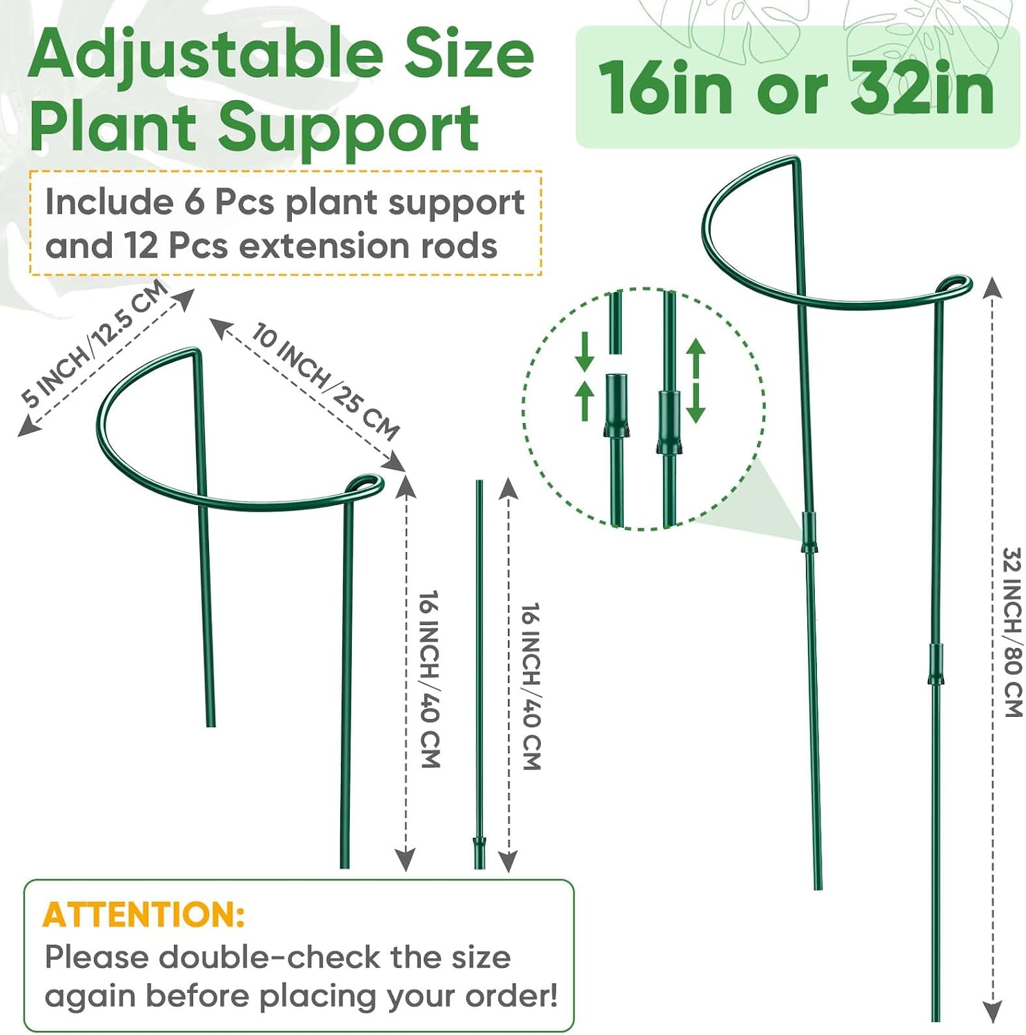 6 Pack 32 or 16 inch Adjustable Plant Support Stakes, Heavy-Duty Half Round Peony Support, Garden Plant Stakes Cage for