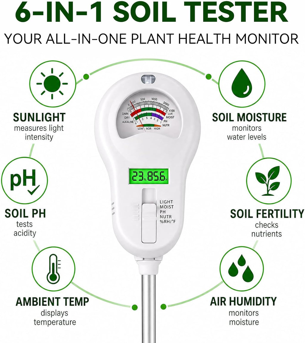 Soil Test Kit, 6-in-1 Soil Moisture Meter, PH/Sunlight/Soil Moisture/Fertility Monitor Indicator Sensor with 4