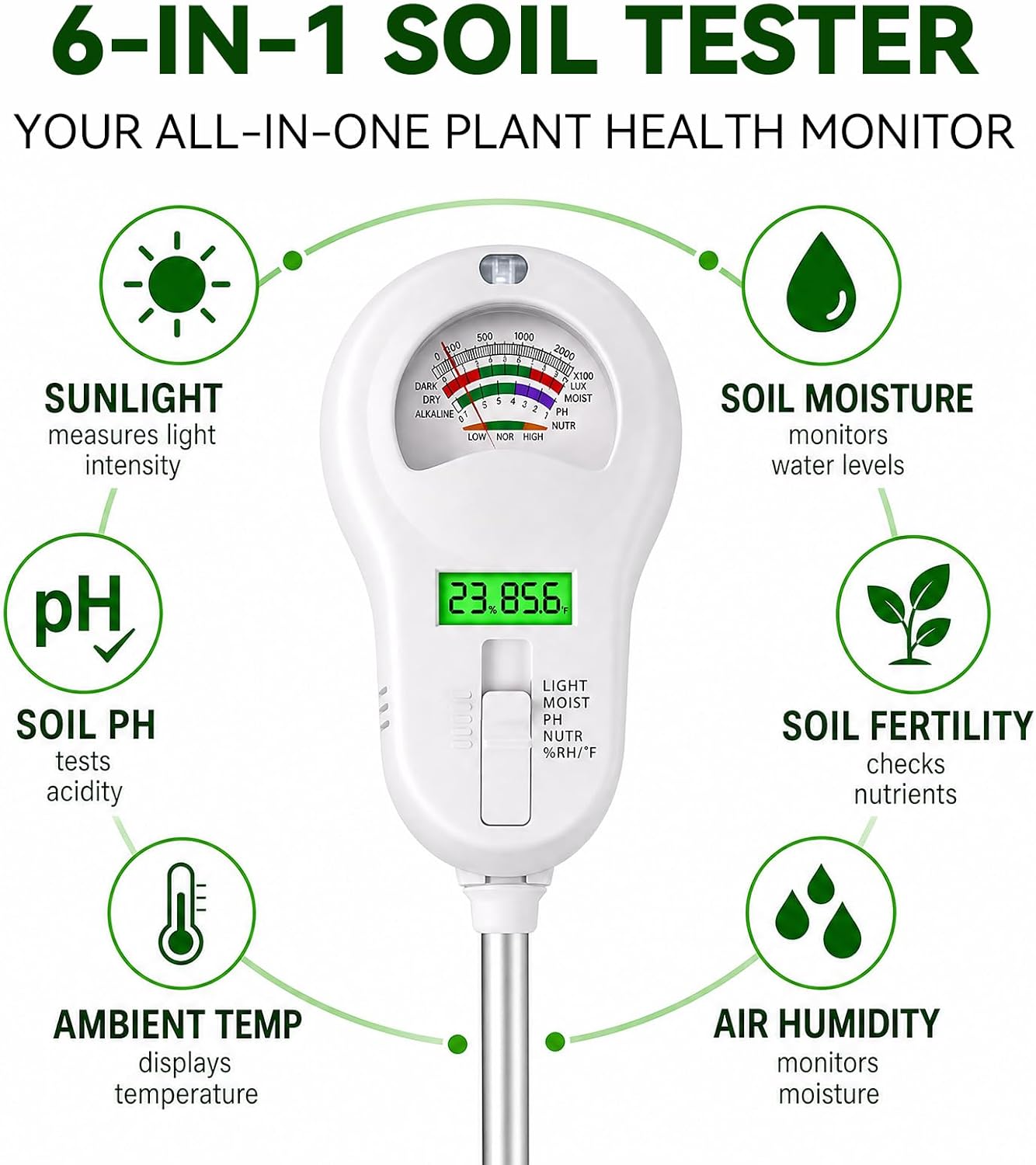 Soil Test Kit, 6-in-1 Soil Moisture Meter, PH/Sunlight/Soil Moisture/Fertility Monitor Indicator Sensor with 4