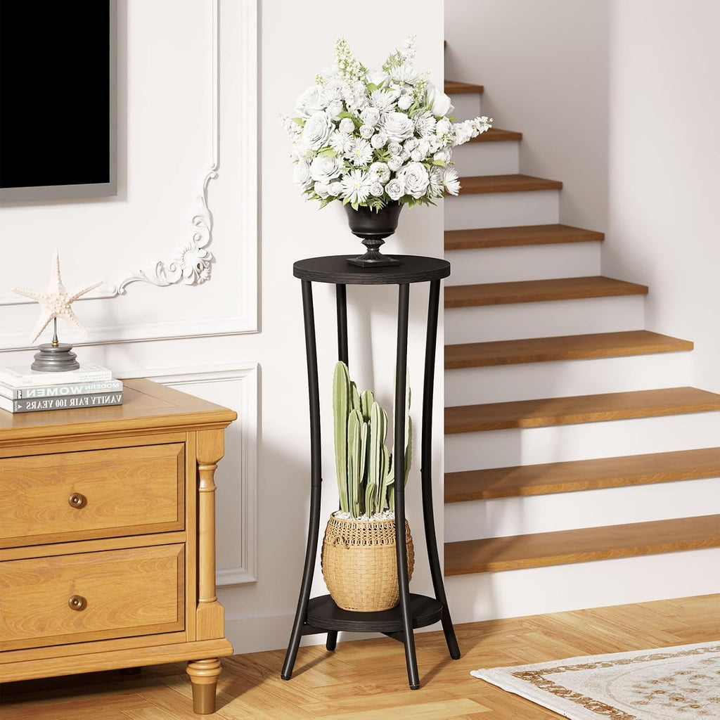IBUYKE 30 Inch Tall Plant Stand Indoor, 2 Tier Wood Corner Plant Stand, Modern Round Plant Shelf Flower Stand for
